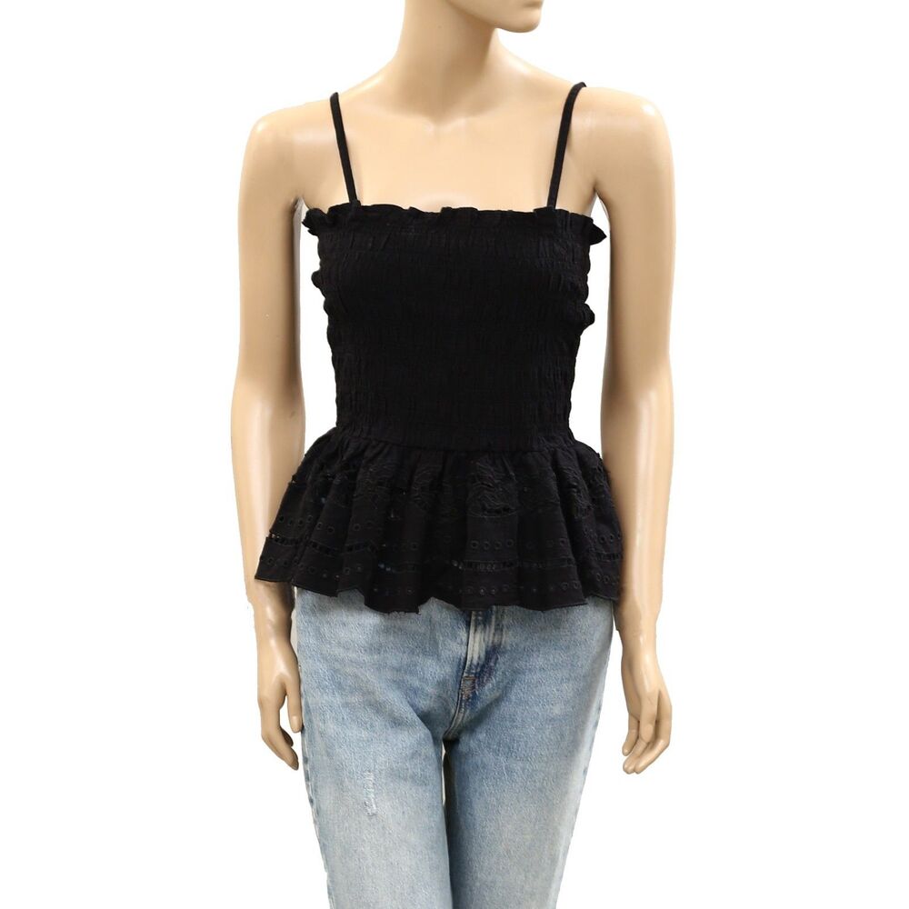 Damson Madder Martina Cami Tank Top Smocked Broderie Cutout Black M-10 287412 - Picture 5 of 9